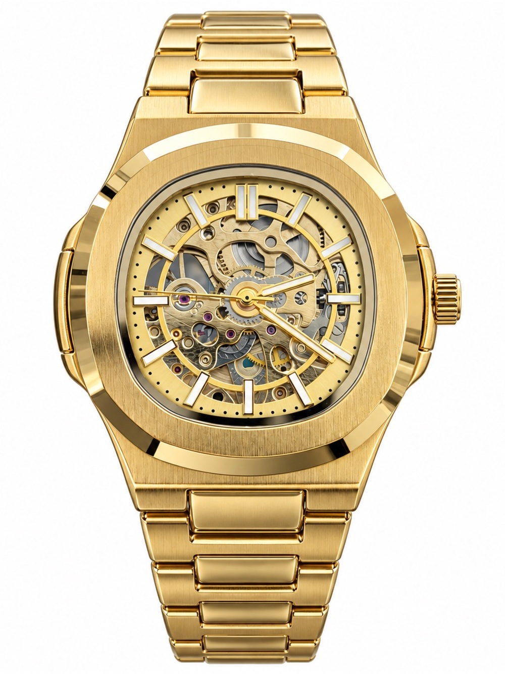 Gold Skeleton Watch Open Work Dial Luxury Style Men’s Wristwatch